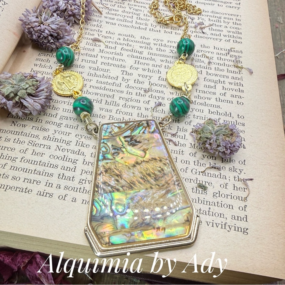 Alquimia Iridescent abalone malachite and Gold statement Necklace